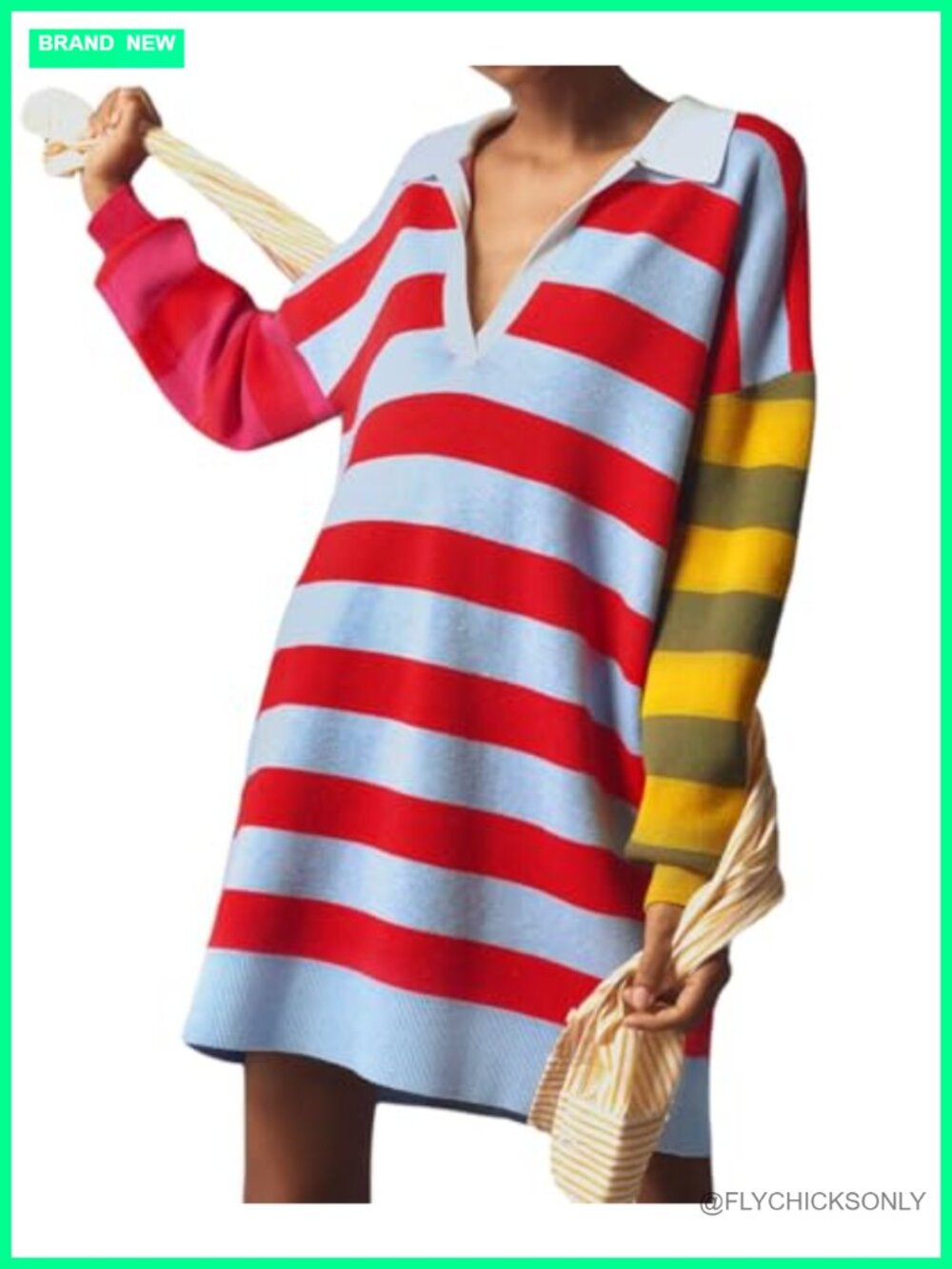 Striped Polo Sweater Dress V Neck Oversized Ribbed Knit Mini Pullover